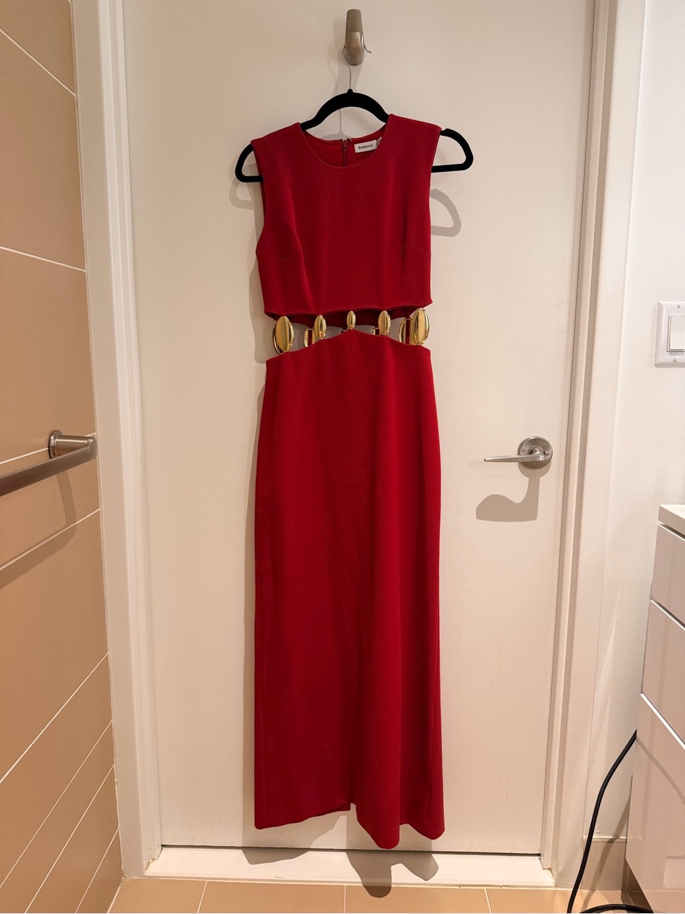 Red Maxi Isadora Gown with Gold Hardware Cutout Waist